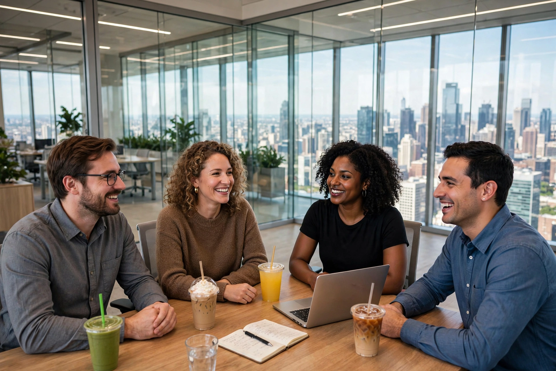 Four professionals meeting around a laptop in a glass-walled high-rise office overlooking the city